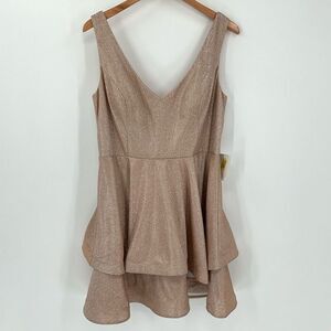 Pear Culture Sleeveless Fit & Flare Metallic Tiered Mini Dress Champagne Size 15